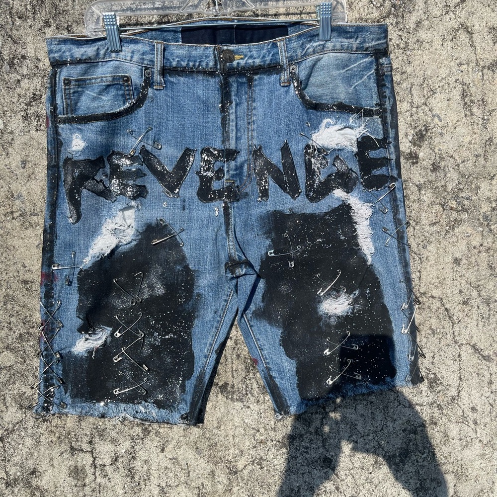 BYV_Trubb “Rockstar REVENGE”Distressed Denim Shorts - Blue and Black
